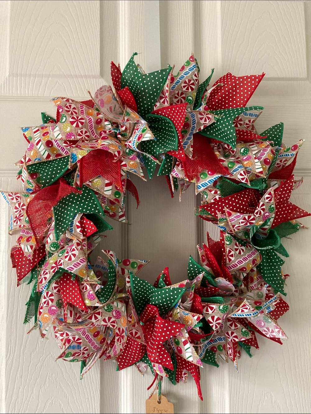 HANDMADE CHRISTMAS FARMHOUSE RIBBON RAG WREATH COTTAGECORE POLKA DOT RED GREEN